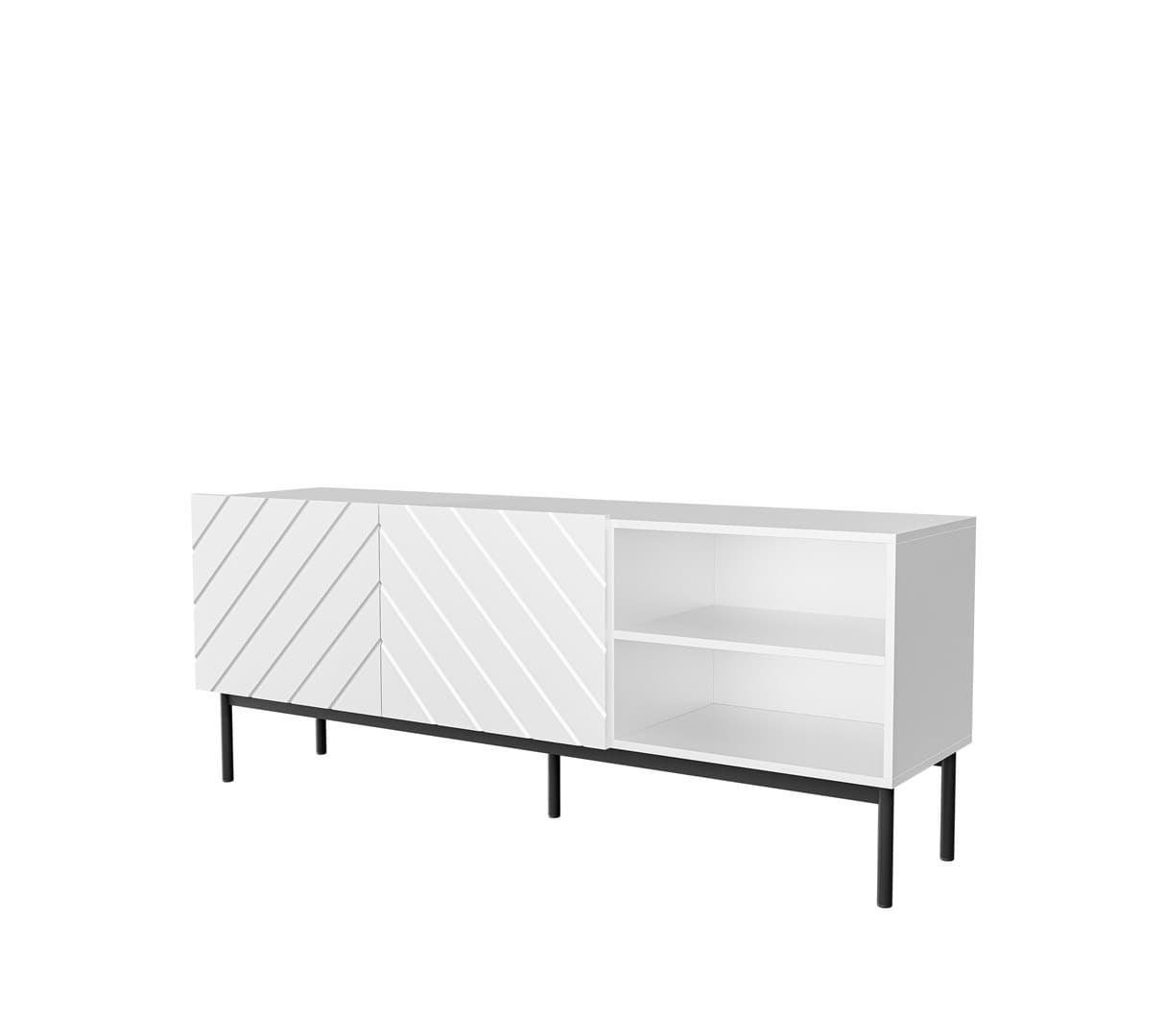 Szafka RTV Abeto 150 x 42 x 60 cm biała z białym połyskiem na czarnym stelażu