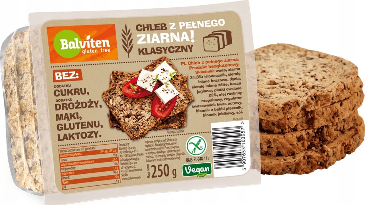 Balviten Chleb pełne ziarno 250g. Produkt bezglutenowy