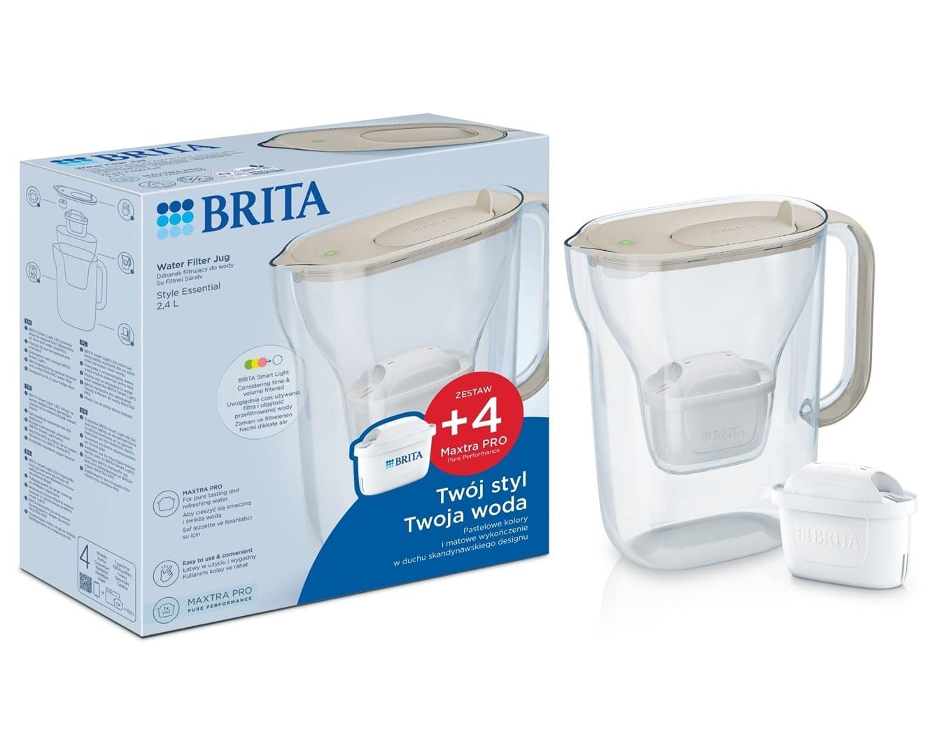 Dzbanek filtrujący Brita Style Essential + 4 wkłady MaxtraPro (piaskowy, 2,4l)