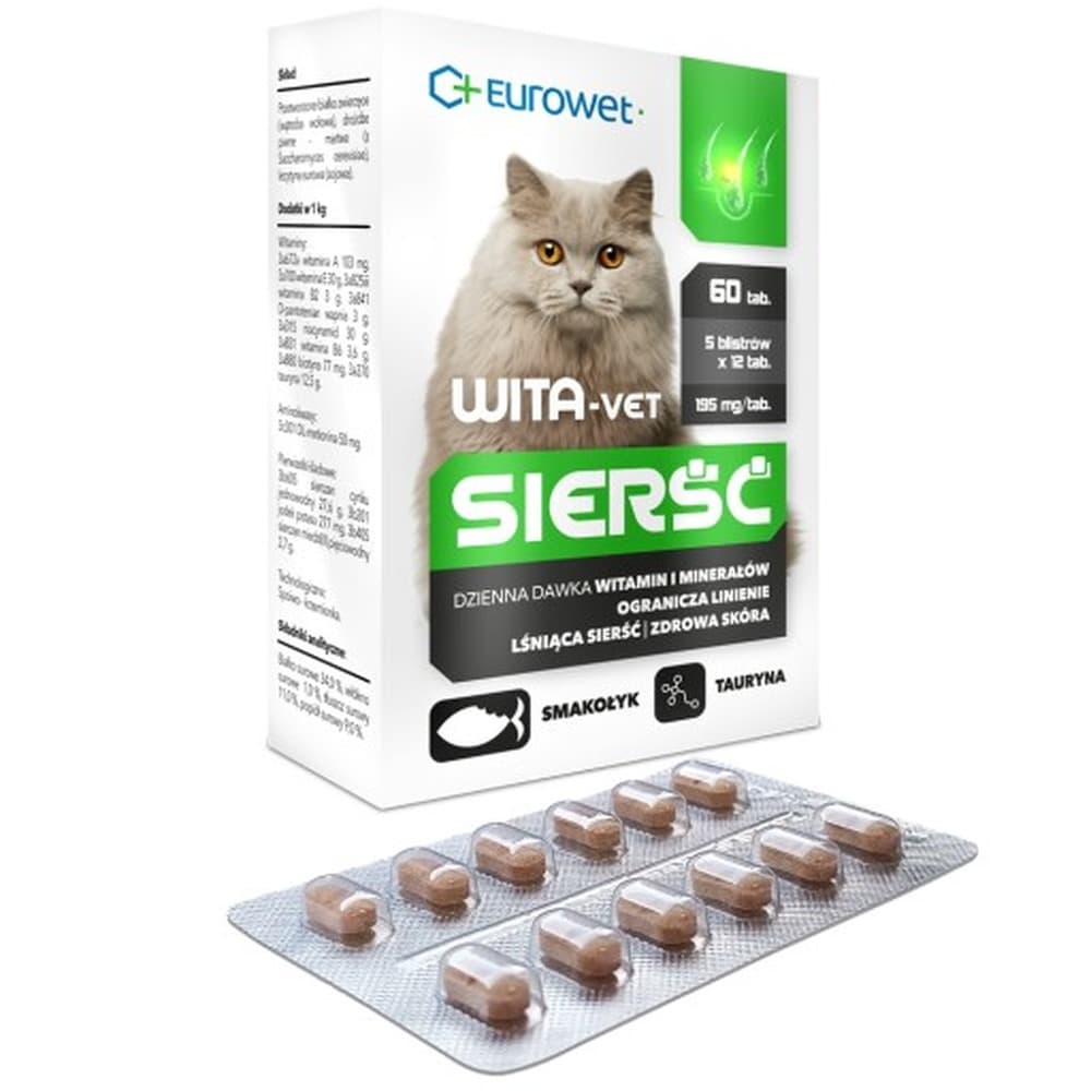 Eurowet Wita-Vet Sierść - Wsparcie dla sierści i skóry kota, 60 szt.