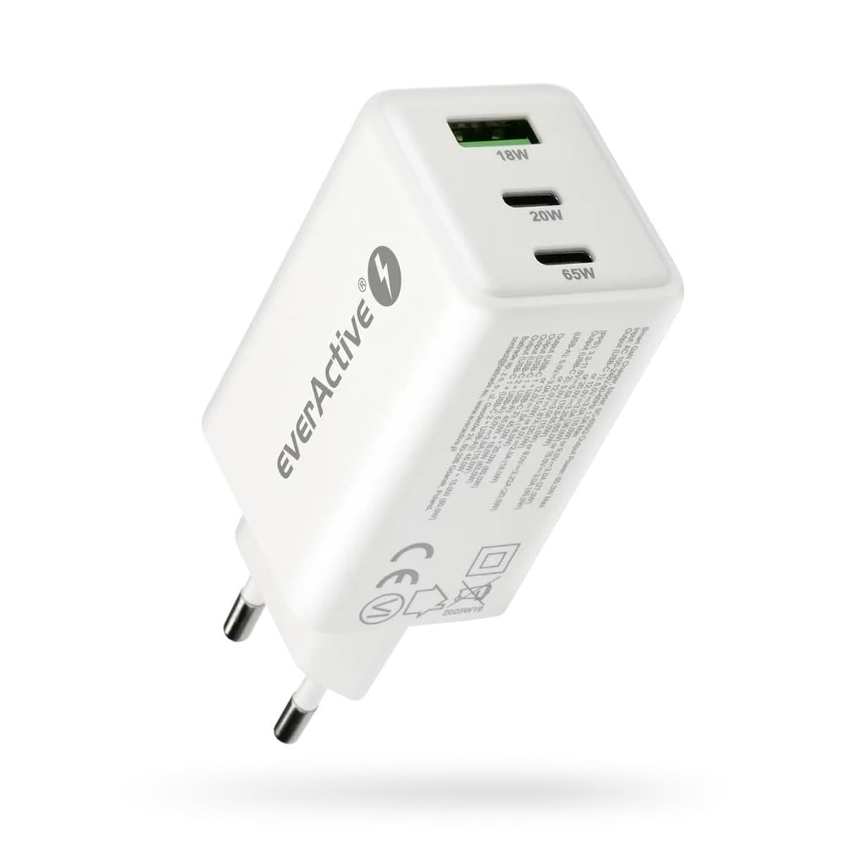 EVERACTIVE Ładowarka Sieciowa GAN 65W, 1x USB, 2x USB-C, Quick Charge 4+