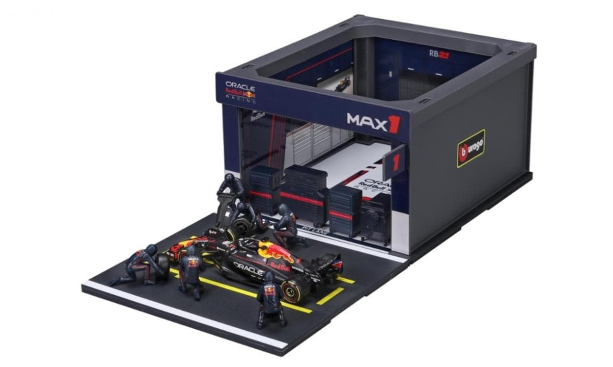 Garaż F1 Red Bull Racing - Bolid Verstappen 1:43 z figurkami mechaników