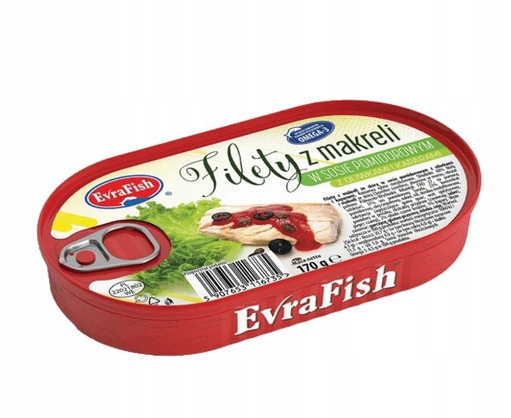 EVRAFISH Filet z makreli w sosie pomidorowym z oliwkami i kaparami 170g