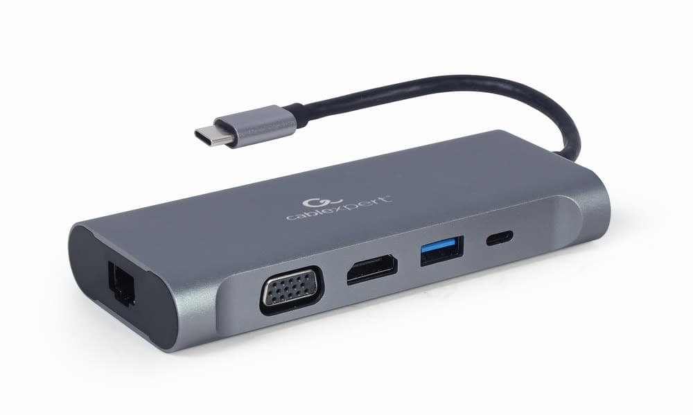Gembird Multi Adapter USB Typ C 7 w 1 Hub 3.0 HDMI VGA Czytnik Kart Audio Stereo Szary