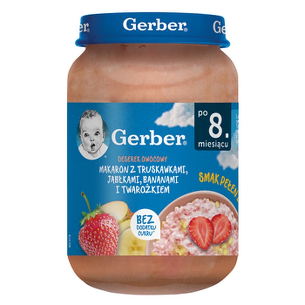 Gerber Makaron z truskawkami, jabłkami, bananami i twarożkiem 190 g