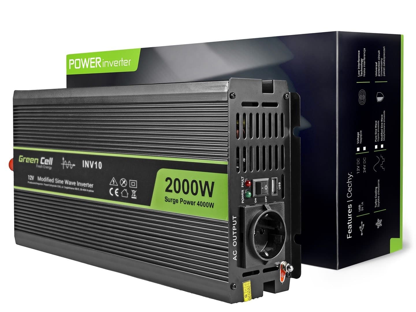 Przetwornica Napięcia Green Cell 12V na 230V 2000W/4000W Modyfikowana Sinusoida