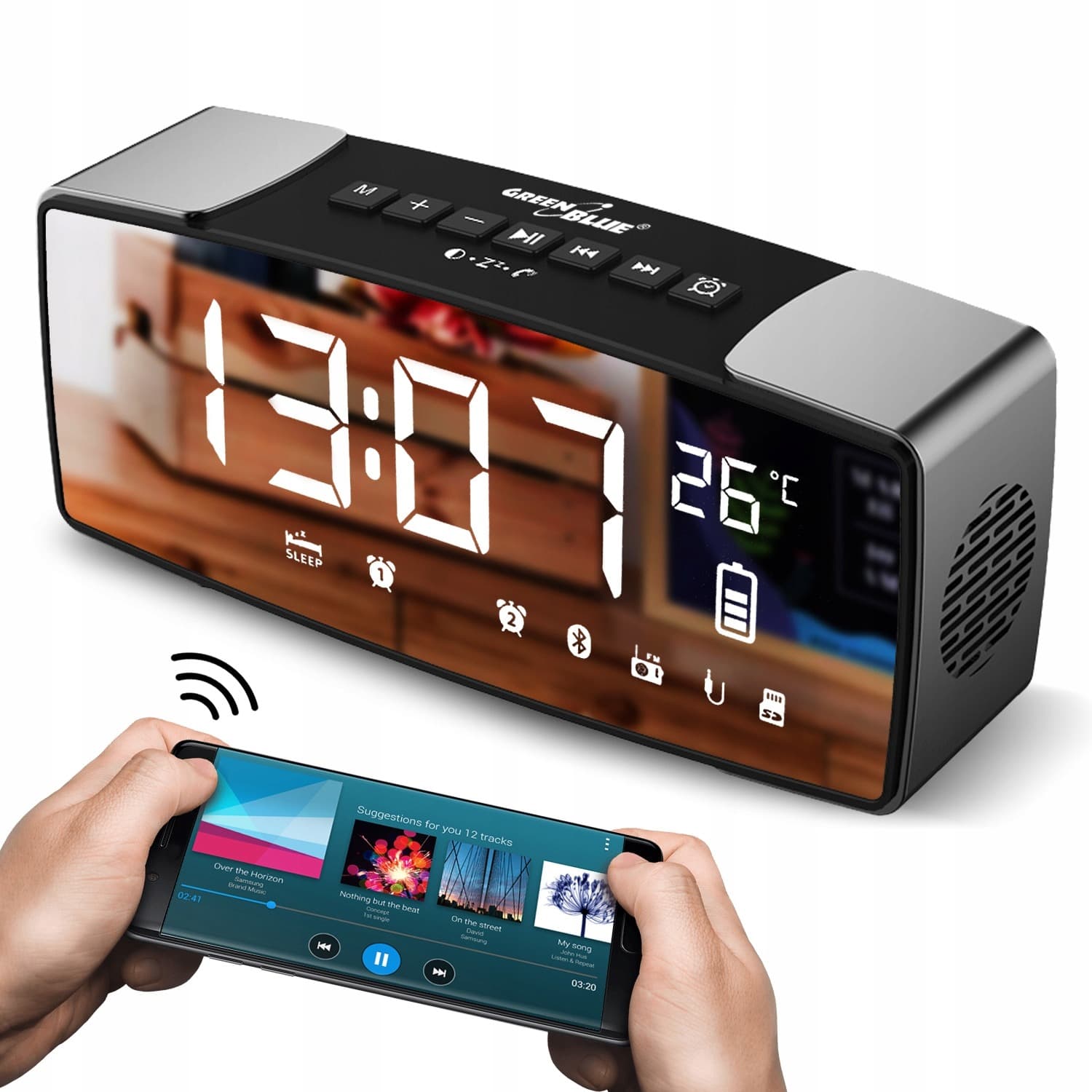 Radiobudzik GreenBlue z Projektorem, Radio FM i USB