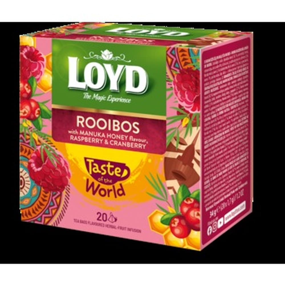 Herbata Loyd Rooibos z miodem Manuka malina-żurawina 20 pir.