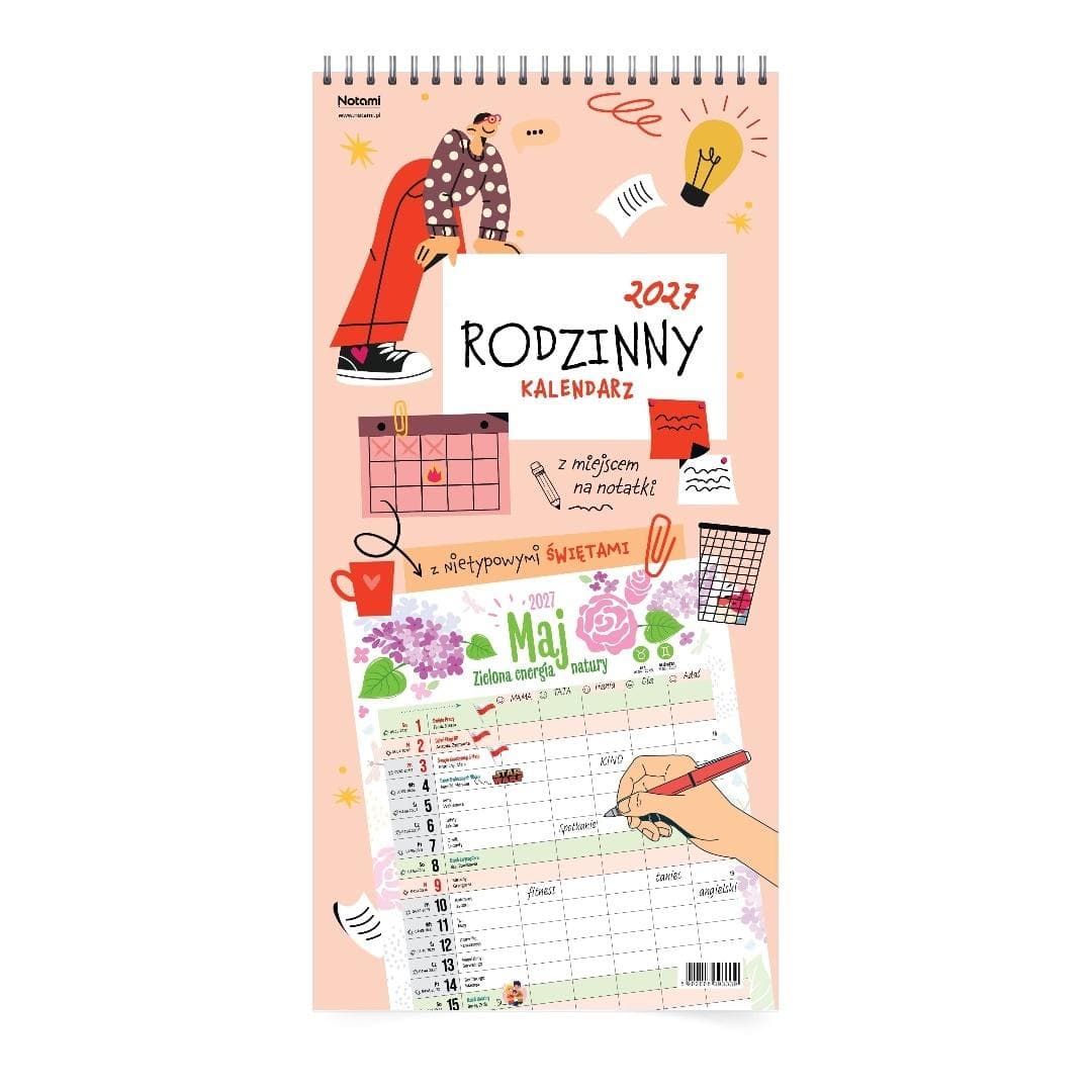 Kalendarz ścienny 2027 planer rodzinny różowy Notami 228x460 mm spirala