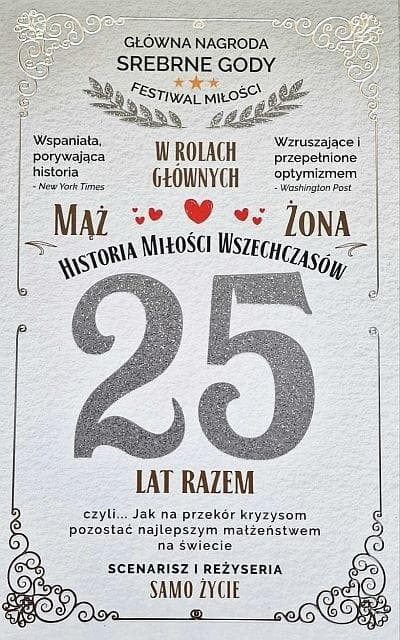 Karnet na 25 Rocznicę Ślubu Srebrną z Życzeniami