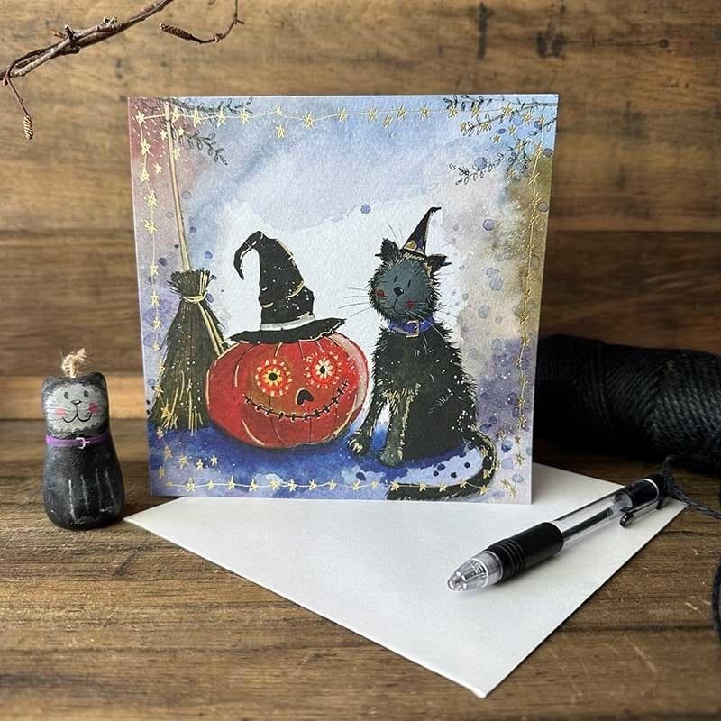 Karnet okolicznościowy Halloween Kot i Dynia z kopertą