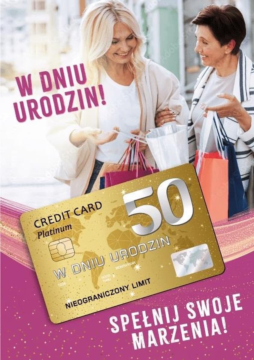 Karnet okolicznościowy Urodziny 50 z życzeniami i motywem prezentów