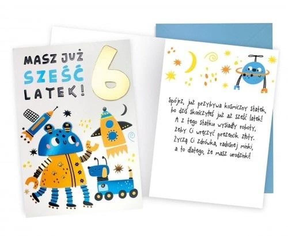 Karnet urodzinowy z motywem robotów format angielski