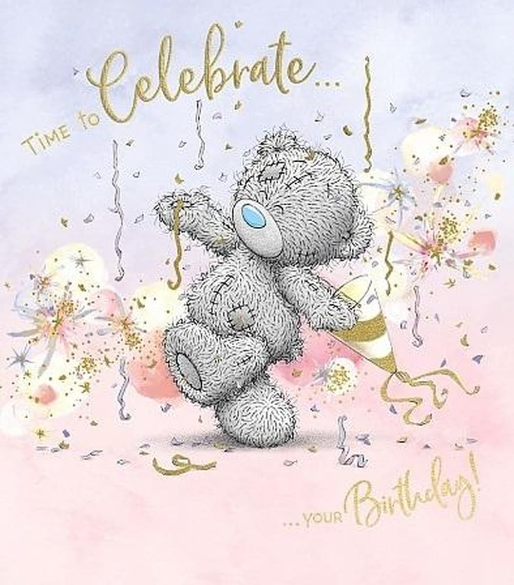 Kartka urodzinowa z misiem i napisem Time to celebrate