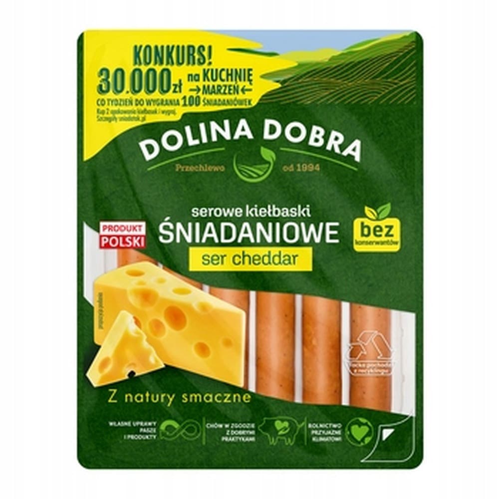 Serowe kiełbaski śniadaniowe ser cheddar 200 g Dolina Dobra