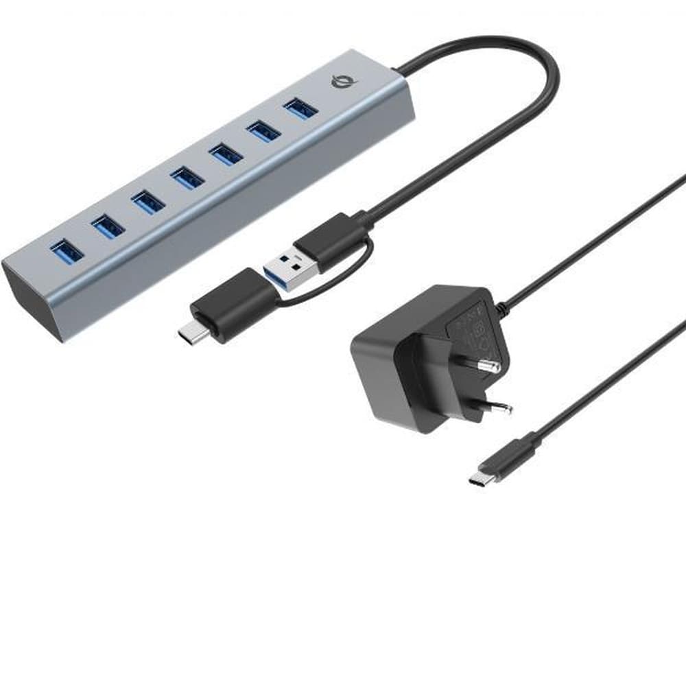 Koncentronic 7-portowy Hub USB-A 3.0/-C Adapter do 7xUSB-A 3.0 z zasilaniem sieciowym