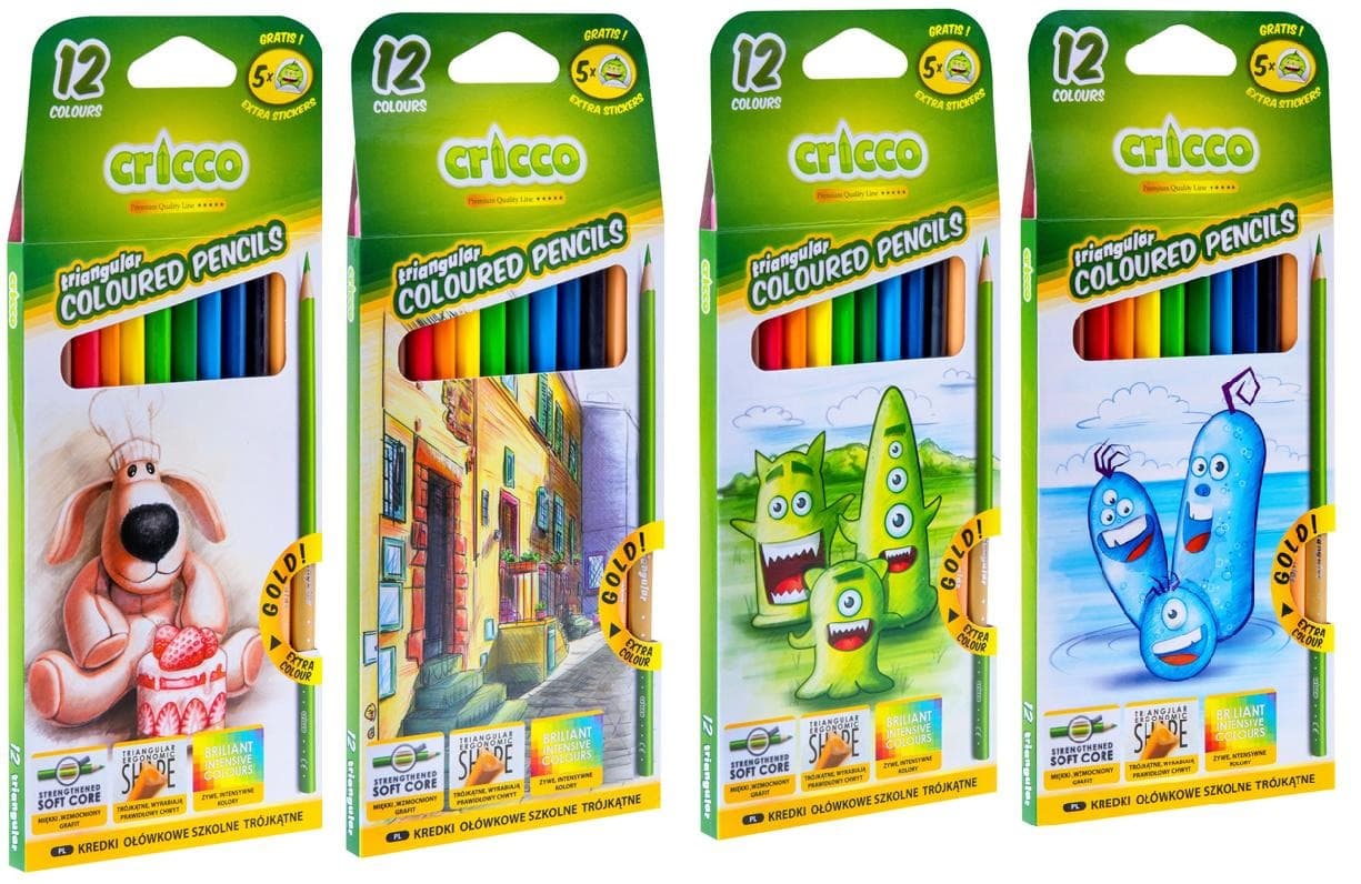 Kredki Cricco trójkątne 12 kolorów z temperówką i naklejkami