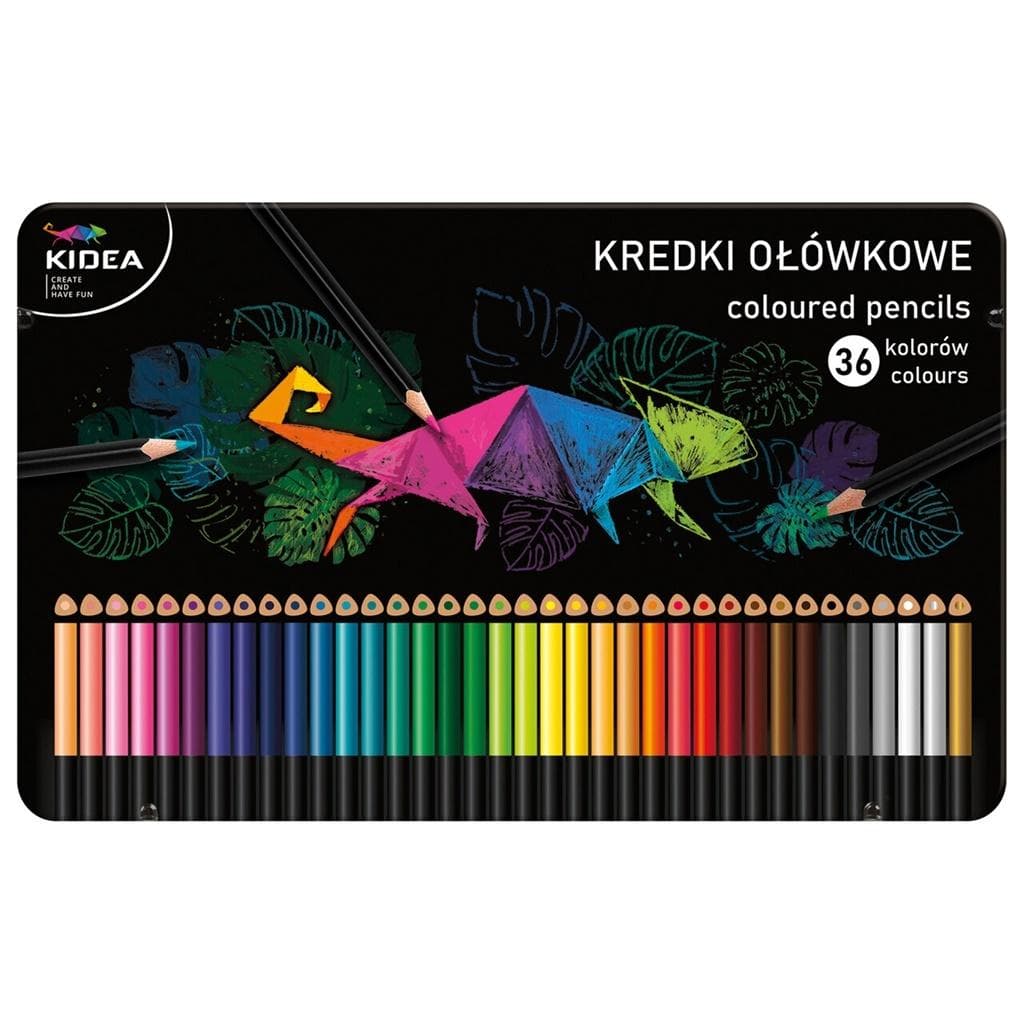Kredki ołówkowe trójkątne 36 kolorów metalowe pudełko Kidea