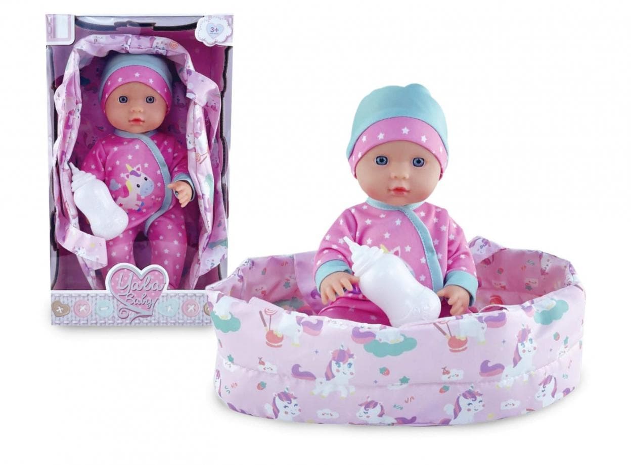 Lalka bobas w nosidełku z butelką 30 cm