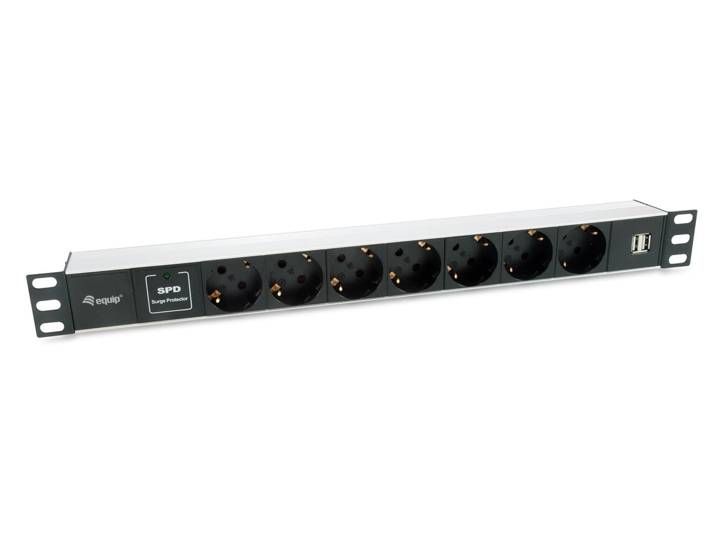 Listwa zasilająca Equip 19" 7xSchuko/2xUSB z kątowymi gniazdami, aluminiowa