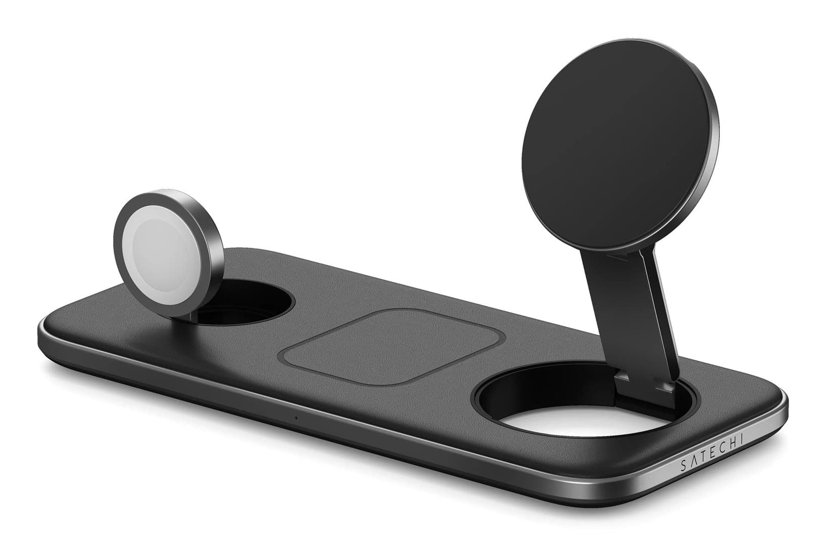 Magnetyczna ładowarka bezprzewodowa Satechi Qi2 Trio do trzech urządzeń (Apple Watch 5W, AirPods 5W, Qi2 15W), kabel 1m, ładowarka sieciowa 45W, wtyczki UK/EU (space gray)