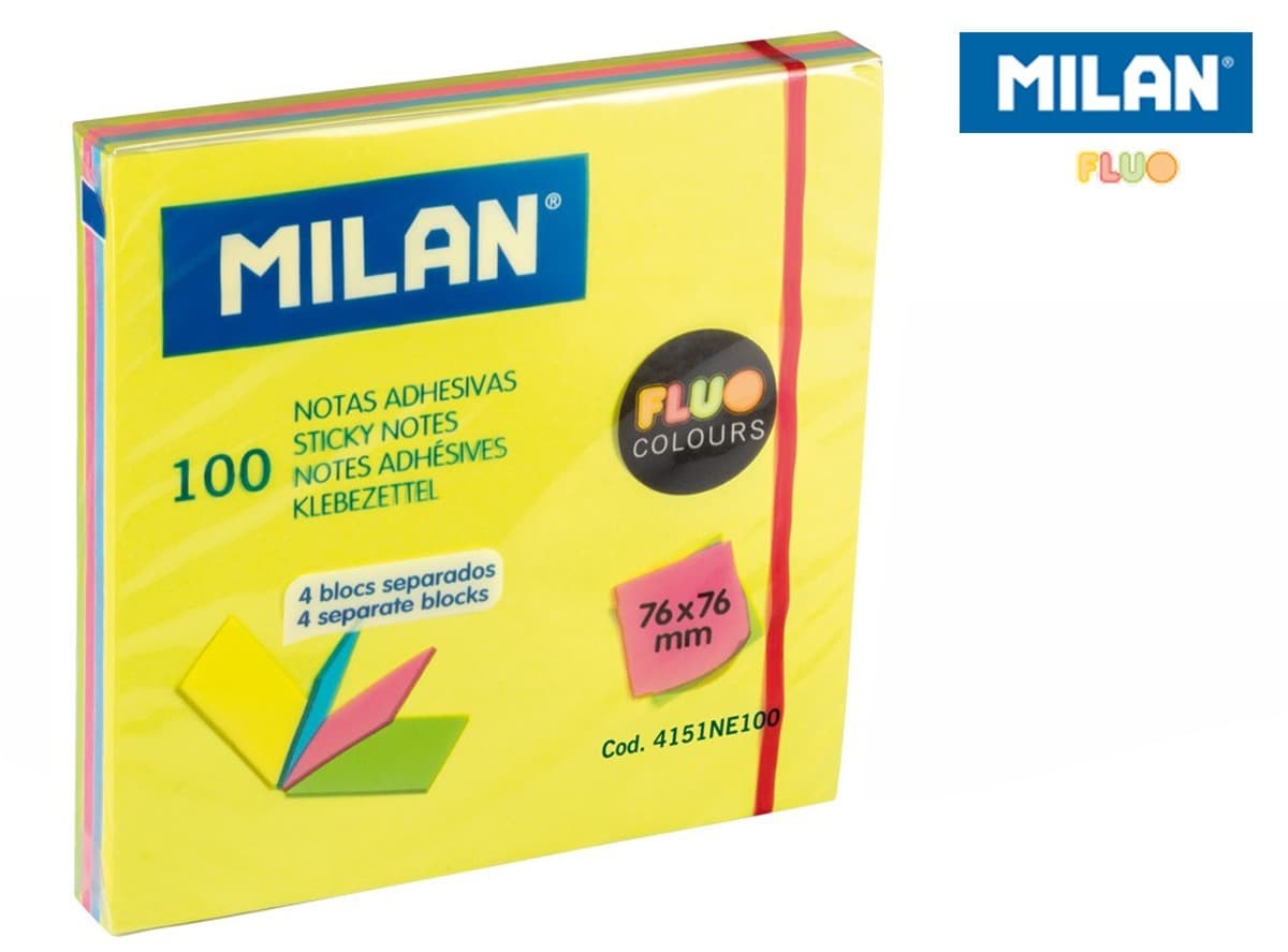 Milan Karteczki samoprzylepne Fluo 76 x 76 mm, 4 kolory, 100 sztuk
