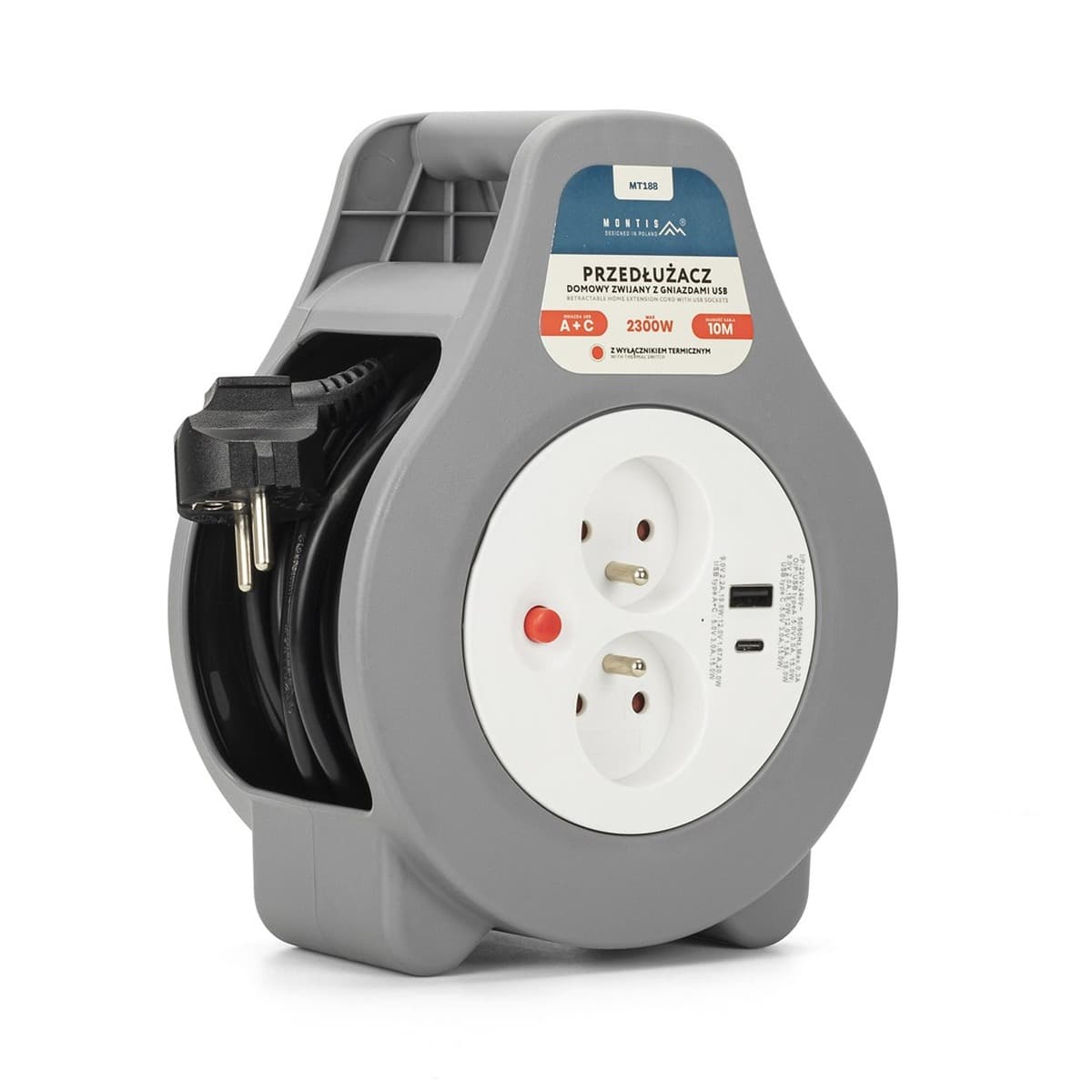 MONTIS Przedłużacz Domowy Zwijany 10m z 2x USB (A+C) Szary MT188