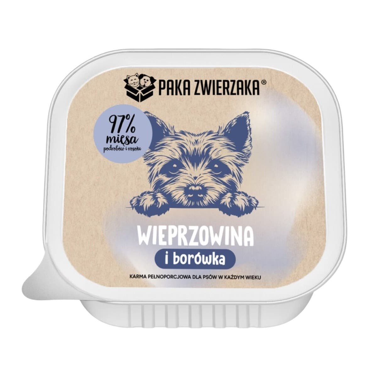 Paka Zwierzaka Wieprzowina z borówką mokra karma dla psa tacka 150 g