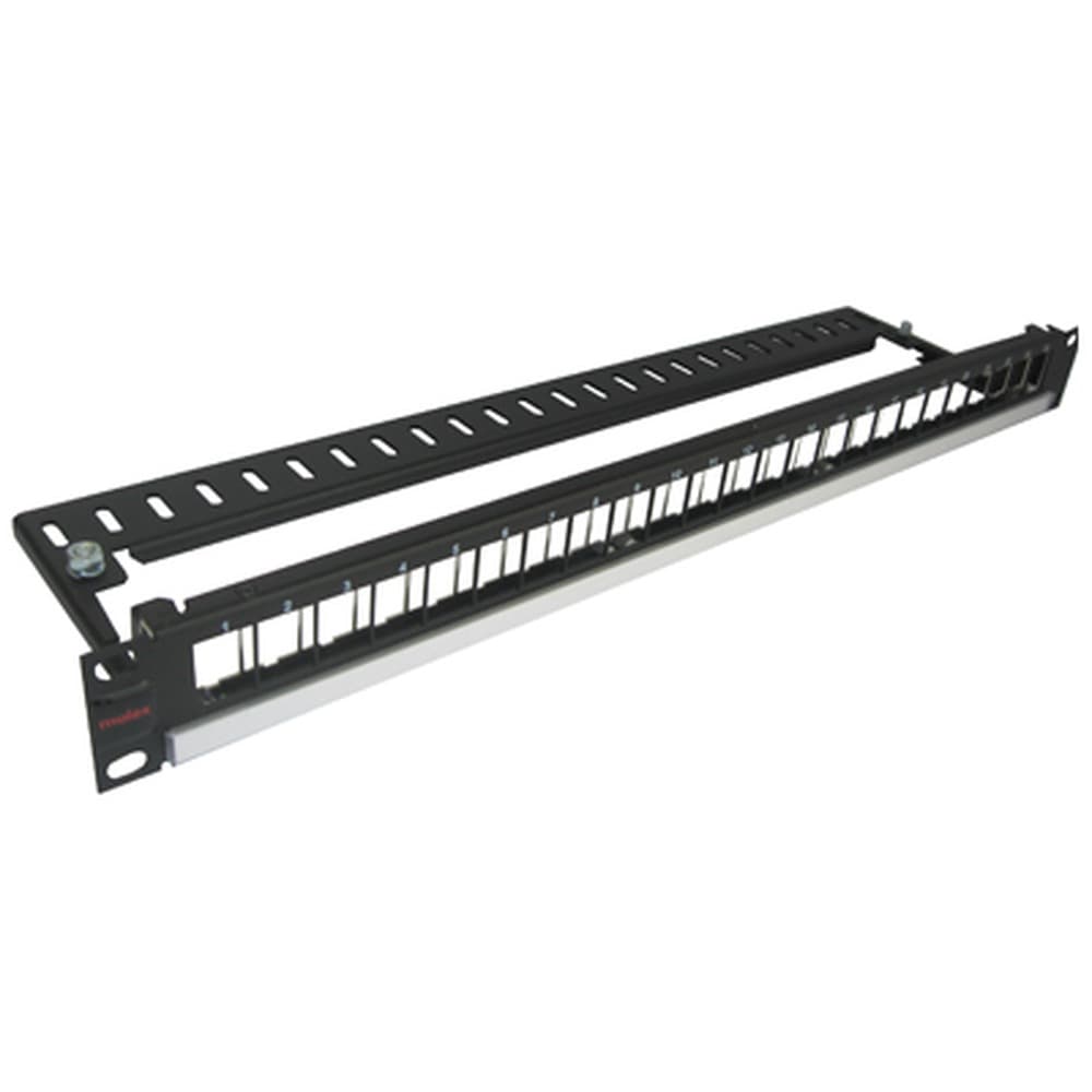 Panel krosowy 19" 24x keystone, ekranowany, 0.5U, czarny, z prowadnicą kabli i polami opisowymi