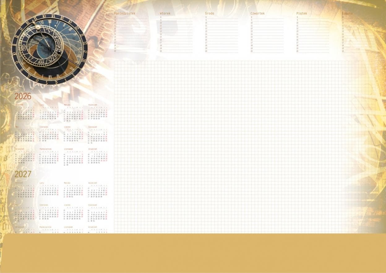 Planer ścienny A2 z listwą i zegarem na 2026