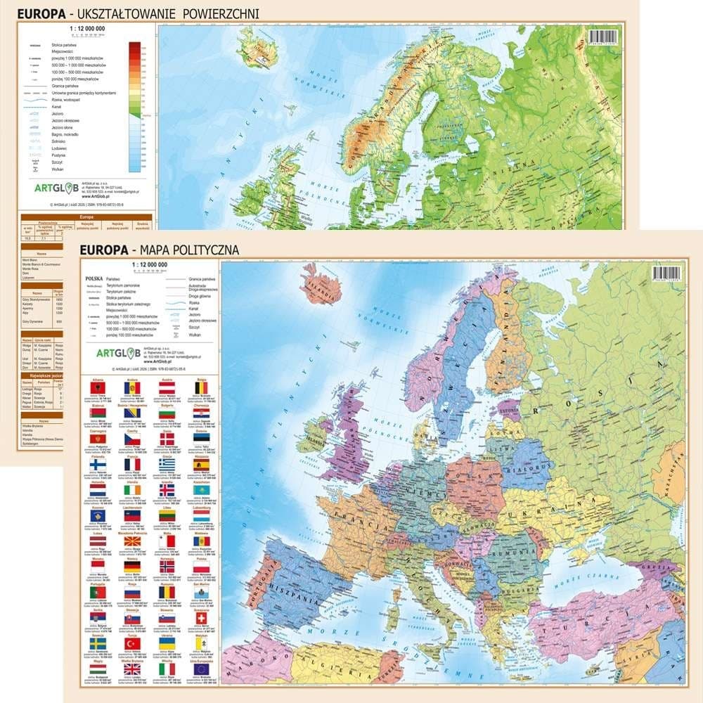 Podkładka na biurko Europa polityczno-fizyczna 1:12 000 000 dwustronna