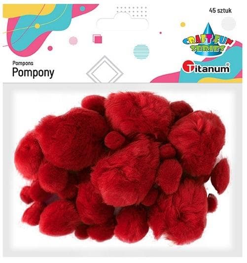 Pompony akrylowe czerwone 45 sztuk w różnych rozmiarach Titanum