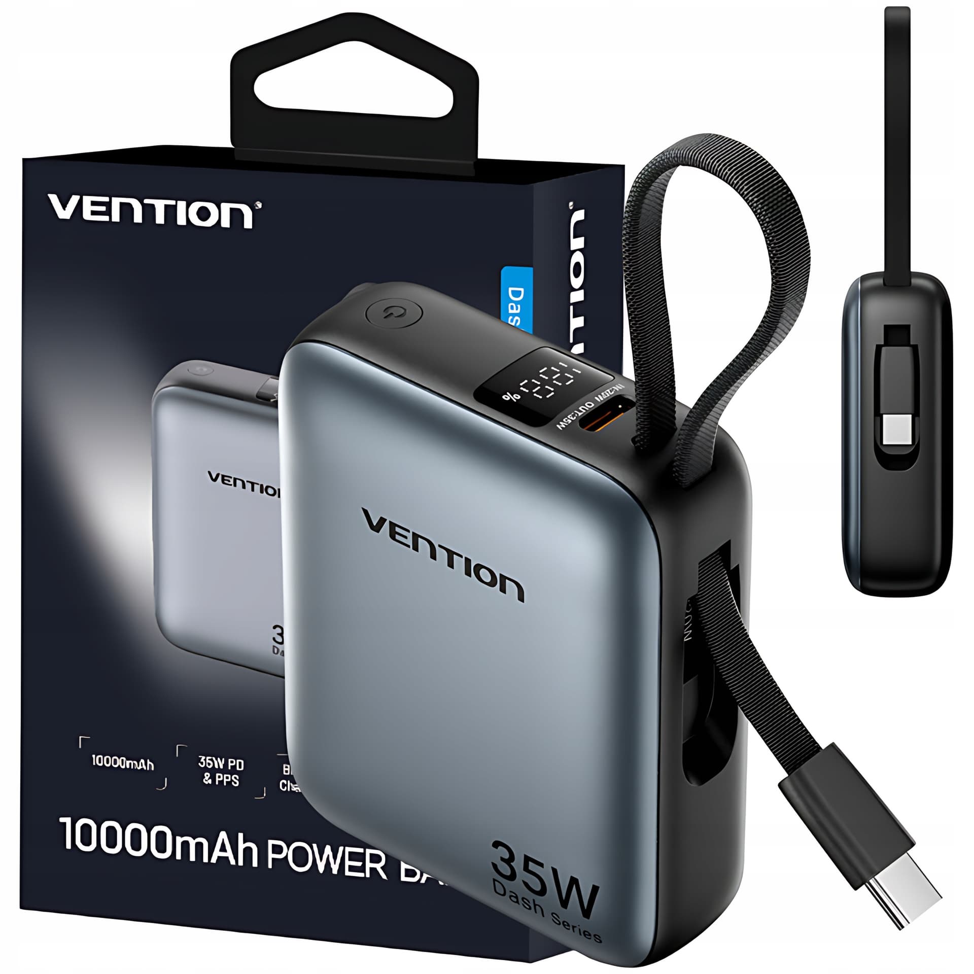 Powerbank Vention 10000mAh 35W PD z wbudowanym kablem USB-C szary