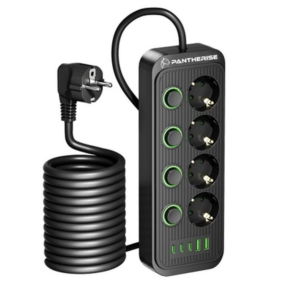Przedłużacz 6 gn. z "0" z wył. 1,4m 1,5mm2 + gniazda 2xusb-a, 2xusb-c szaro-zielony