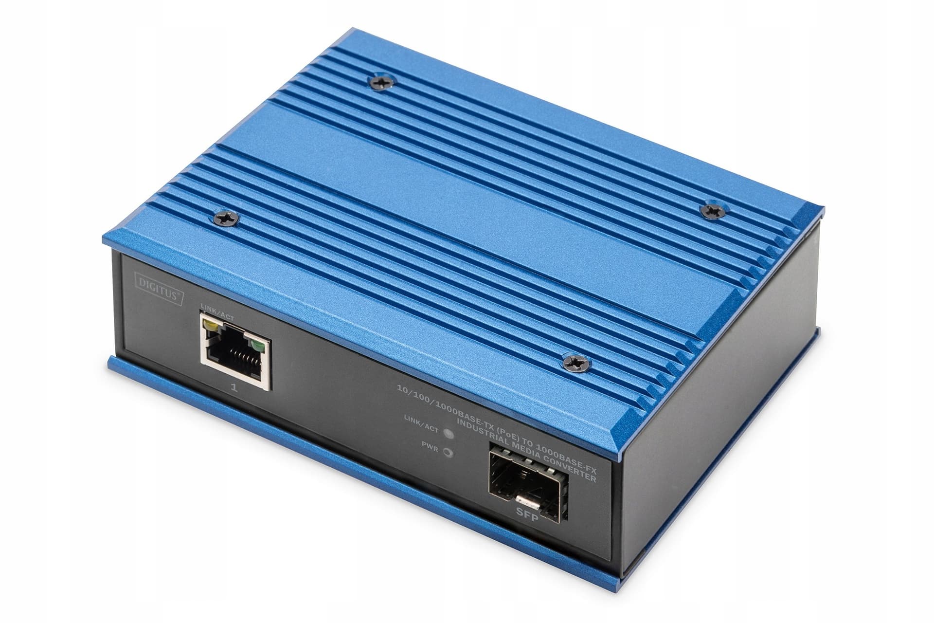 Przemysłowy mediakonwerter 1000Base-TX PoE 30W do 1000Base-FX SFP, DIN, rozszerzony zakres temperatur