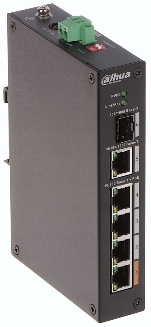 Przemysłowy switch 4 porty 100 Base-TX PoE 120W + 1 port uplink 100 Base-TX DIN rozszerzony zakres temperatur