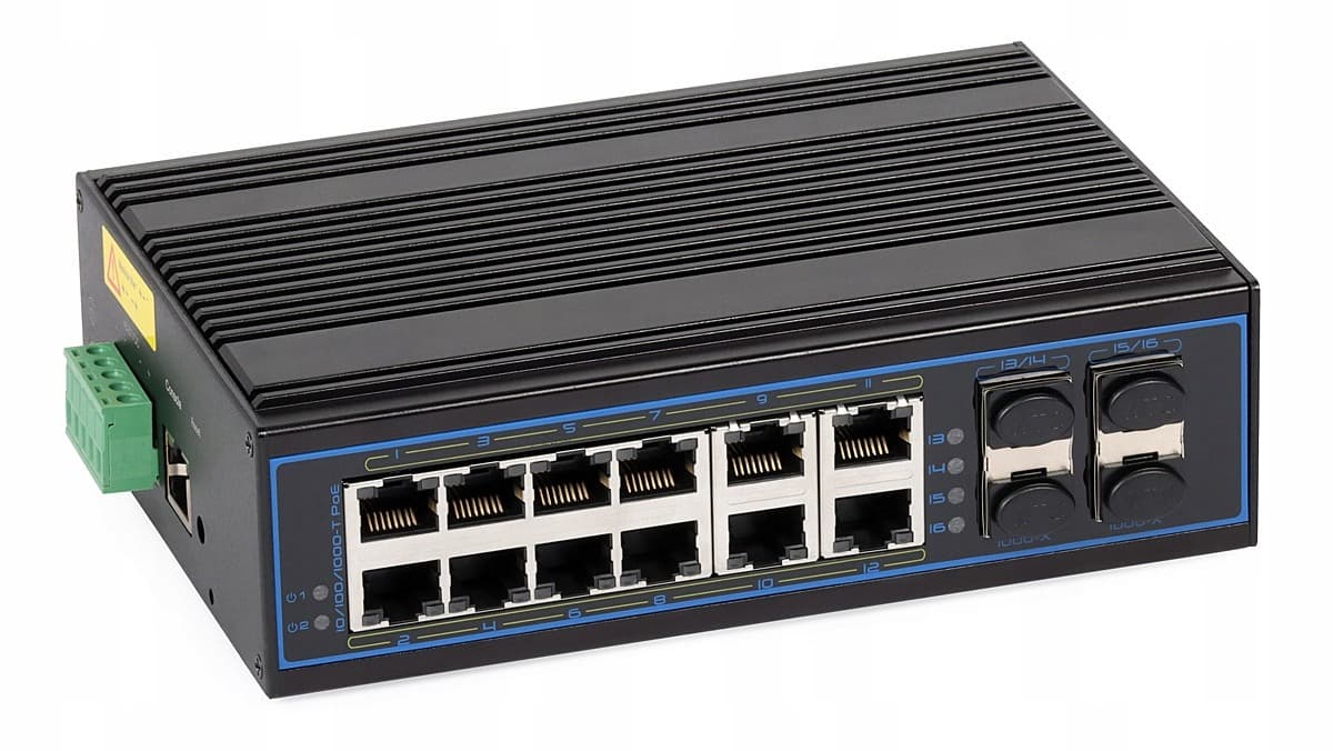 Przemysłowy zarządzalny przełącznik Ethernet Gigabit L2, 16 portów GE RJ45 + 2 porty SFP