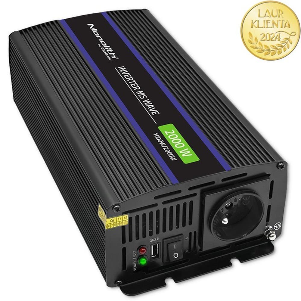 Qoltec Przetwornica Napięcia MS Wave 12V na 230V 1000/2000W z USB, Kompatybilna z Akumulatorami LiFePO4, GEL, AGM
