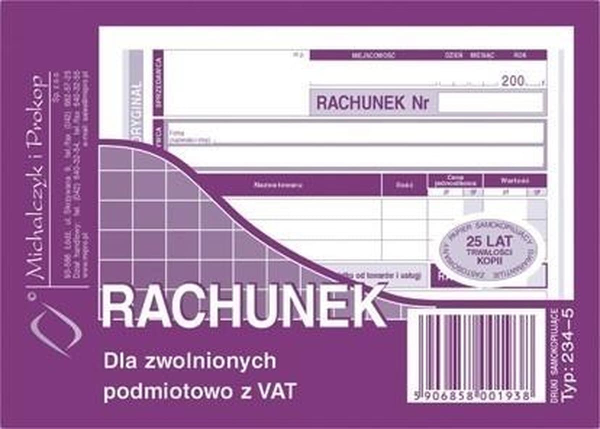 Rachunek dla podmiotów zwolnionych z VAT A6 80 kartek
