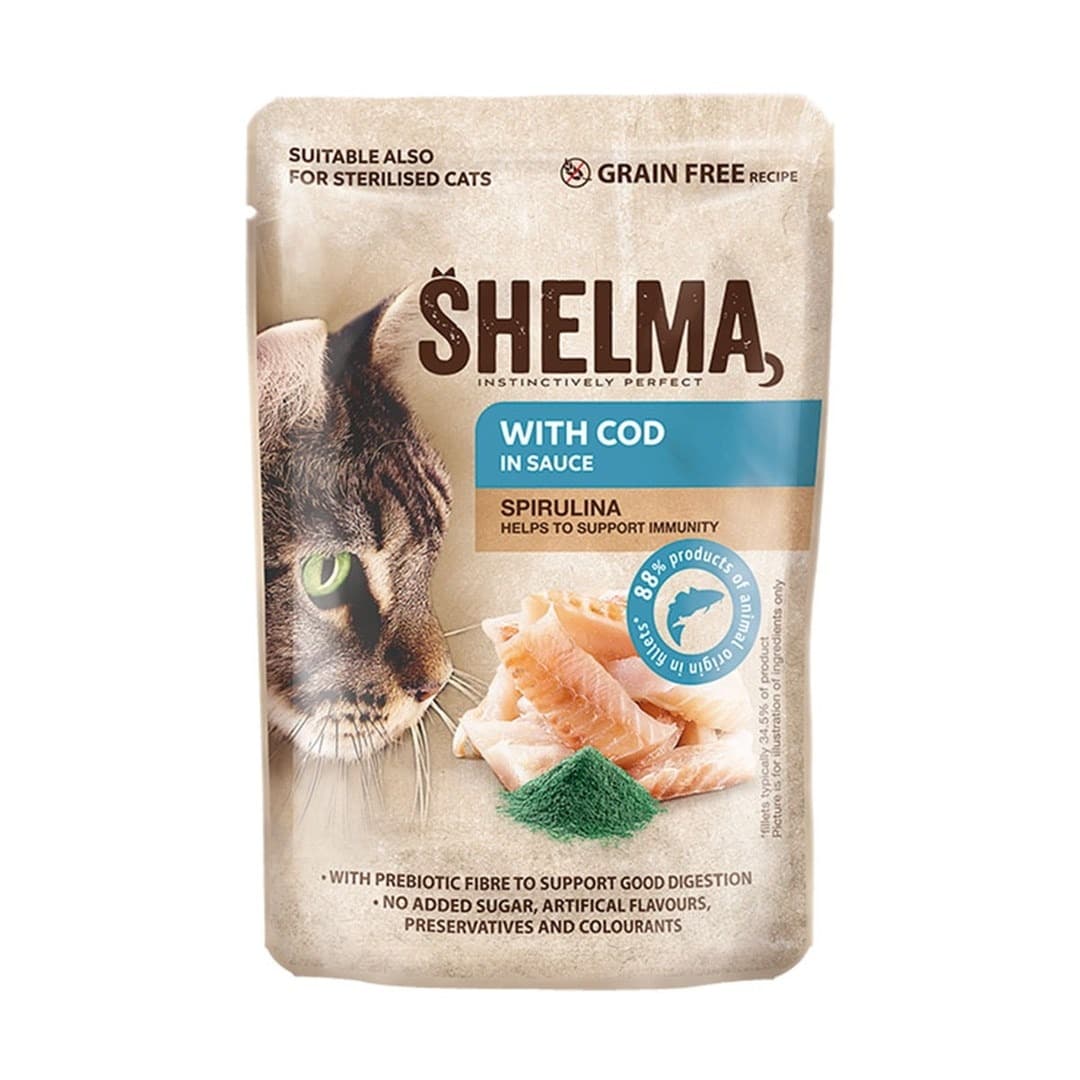 Saszetka dla kota Shelma z dorszem i spiruliną 85g