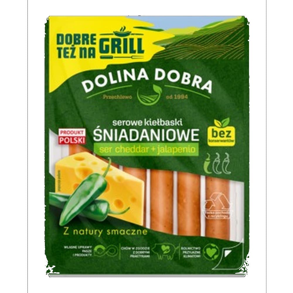 Serowe kiełbaski śniadaniowe ser cheddar + jalapenio 200 g Dolina Dobra