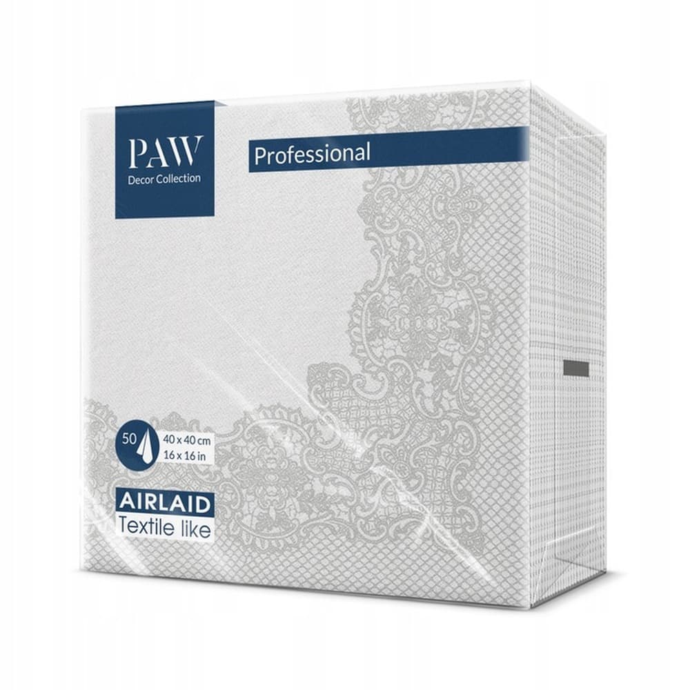Serwetka PAW Professional Dinner Royal Lace silver , Serwetki 1 warstowe 40x40cm składane 1/4 50 szt w paczce. Wykonane z AIRLAID