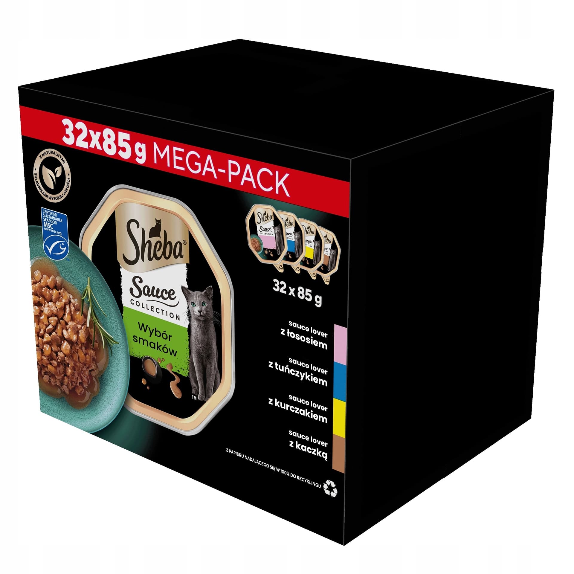 SHEBA Tacka Sos Kaczka/Kurczak/Łosoś/Tuńczyk 32x85g - Mix Smaków