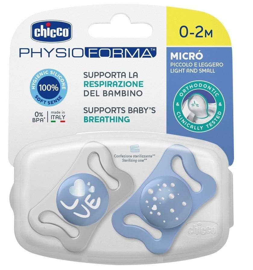 Smoczek uspokajający Chicco PhysioForma Micro silikonowy niebieski 2 sztuki 0-2 miesiące