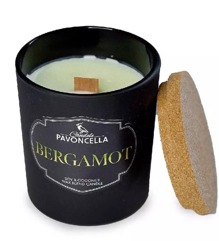 Świeca sojowa Bergamot czarna 135 g z drewnianym knotem