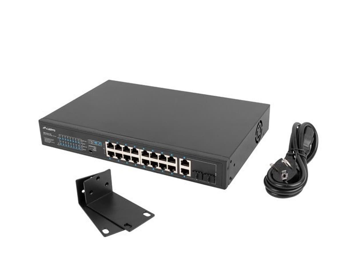 Switch rack 19 cali Lanberg 16 portów 100Mb PoE+ 2 porty combo Gigabit 250W niezarządzalny