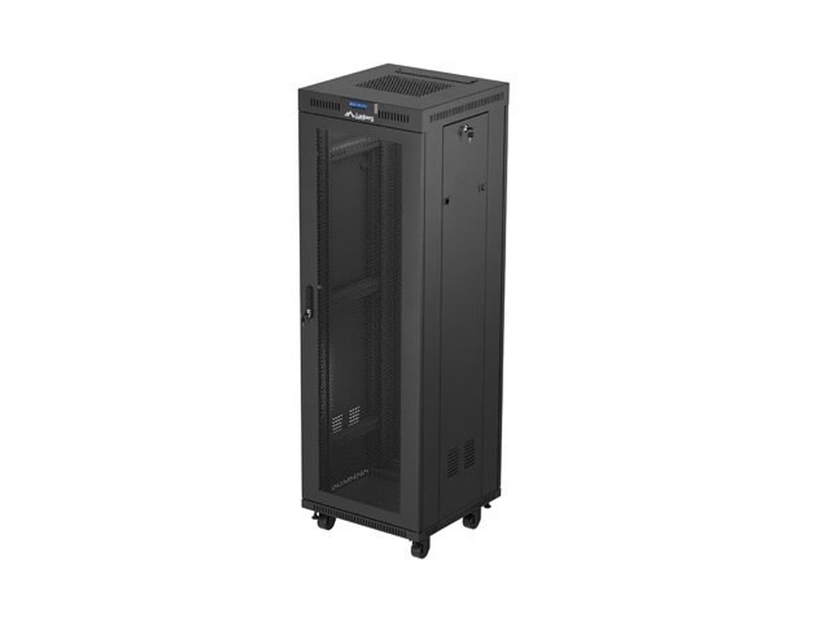 Szafa instalacyjna rack stojąca 19 cali 37U 600x600 mm czarna z drzwiami perforowanymi i wyświetlaczem LCD