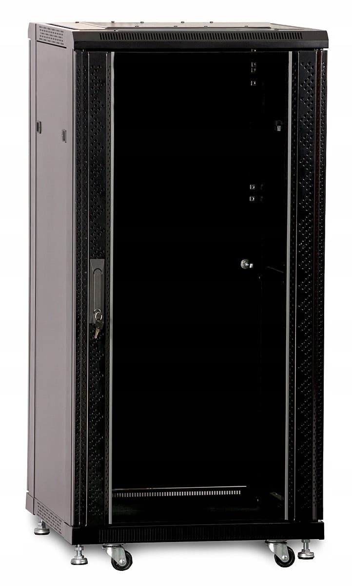Szafa Rack Stojąca 19" 24U 600x800 Czarna Przeszklone Drzwi Lanberg (FLAT PACK) V2