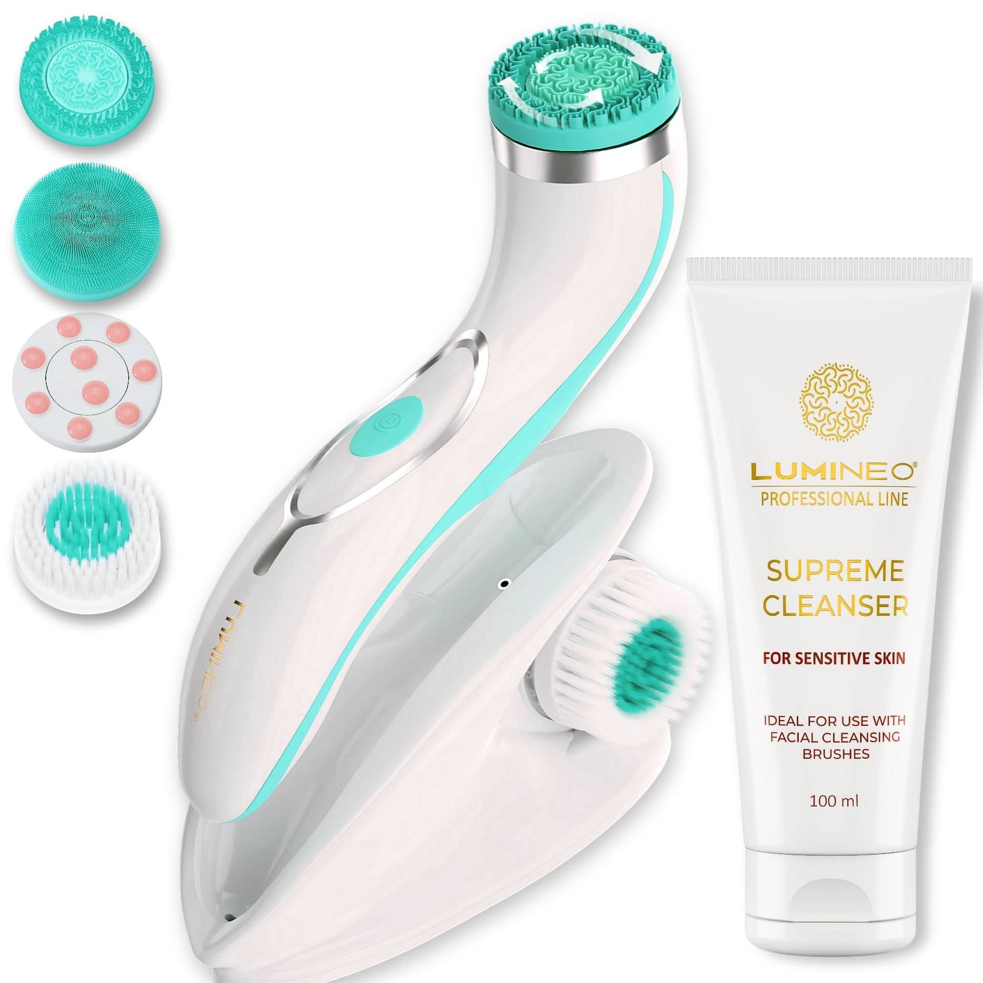 Szczoteczka Brush PRO LUMINEO turkusowa 4 końcówki + żel do skóry wrażliwej