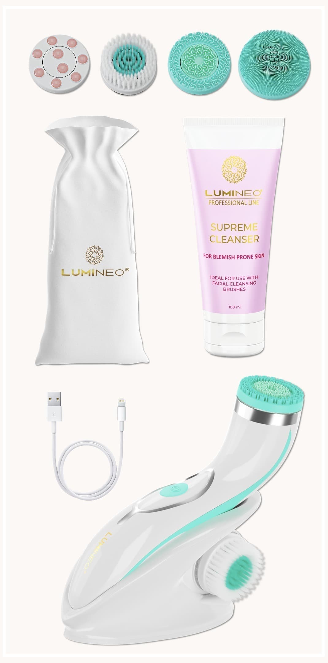 Szczoteczka Brush Pro LUMINEO turkusowa 4 końcówki + żel do skóry problematycznej